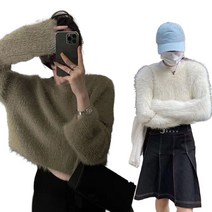 JUSTFEELING 부클 라운드넥 크롭 니트티 박시핏 앙고라 니트 스웨터 (6color)