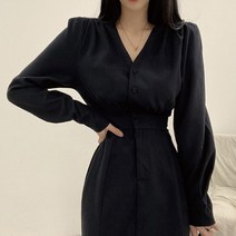 [랜덤플레이] 머메이드 콩 단추 어깨 퍼프 롱 원피스