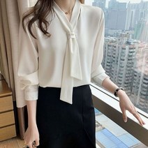 빅사이즈블라우스 봄 우아한 넥 컬러 레이스 업 블라우스 여성 의류 가을 신제품 루즈한 캐주얼 풀오버 올 매치 오피스 레이디 셔츠111558