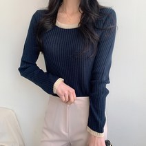 포디룩 (77가능) 배색 유넥 슬림골지 니트티