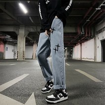 청바지 남자 스트레이트 와이드 봄 ins 항구 풍조표 십자가 바지
