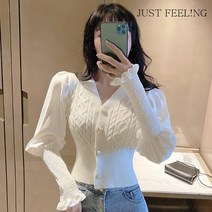 just feel!ng 봄 가을 품격있는 쇼트 긴팔 상의 여성 패션 퍼프 벌룬 소매 니트 가디건 브이넥 꽈배기 여성복