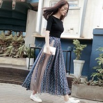 에스닉 로맨틱 스커트 치마 봄 여름 가을 롱 쉬폰 샤랄라 여신 여성 이쁜 여자 의류 하의 4pC