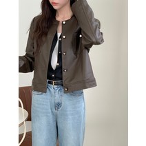BANHANY 주로 레트로 단추 포인트 노카라 비건 레더 가죽 자켓 3color 22082501