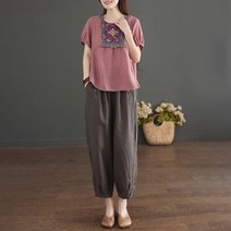 여성 복고 에스닉 자수 일상 절복 퓨전 철릭 개량 한복 바지 투피스 세트