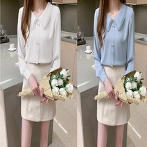 단아한 브이넥 진주 버튼 프렌치 레이스 블라우스 화이트 블루 러블리 30대 20대 여자 남방 가을 여름 긴팔 가벼운 셔츠 편한 예쁜 오피스 고급진 기본 상의 여성 베이직한 심플