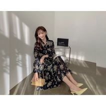 허니빈 플라워 리본 셔링 롱 원피스