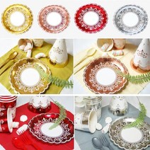 크리스마스 파티 고급 메탈골드 개인 종이접시 12P 플레이팅 모임 상차림, 레드