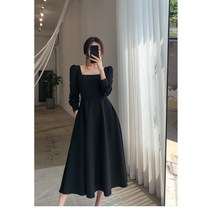 펜트하우스 퍼프소매 원피스 블랙 A라인 스퀘어넥 여성스러운 롱원피스 허리잘록 플레어원피스