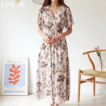 립걸프아 쉬폰 브이넥 롱 원피스