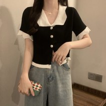 특이한 상의 극 보기좋은 숏 가디건 코트 여성 여름 블러킹 패치워크 카라넥 반팔 러플 이너니트