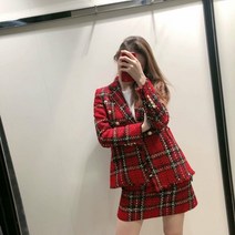 배색트위드자켓 여성 가을 체크 숏 간절기 레드 격자 무늬 블레이저와 미니 드레스 봄 패치 워크 세련된 블레이저 코튼 재킷 정장 멋진 여자 격자 무늬 의류