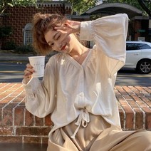 퐁순싸롱 보헤미안 스타일 퍼프 루즈핏 셔링 블라우스 YJ
