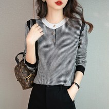 스타일아유 여성 봄 가을 버드 체크 라운드 니트티