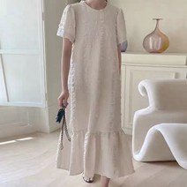 노카라 라운드넥 올록 볼록 자가드 퍼프소매 롱 원피스