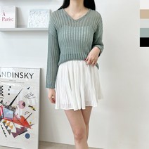 여성 그물니트티 브이넥 긴팔 데일리