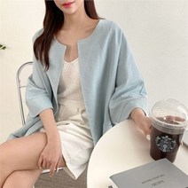 여자 여름 린넨 아우터 노카라 박시핏 7부소매 자켓