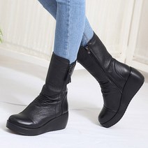 천연소가죽 미들 셔링 가죽부츠 여성 앵클 통굽 웨지힐 털 앵글 주문제작