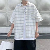 WZC 여름 남성 반팔 셔츠 체크 깅엄 카라 루즈핏 남방 상의 심플 빅사이즈 M~3XL