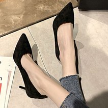 통굽구두 여성 스웨이드 수제화 소재 뾰족 블랙 미들힐 구두 7cm 5cm 9341ea