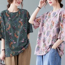 루즈핏 플라워패턴 꽃무늬 반팔티 라운드 티셔츠