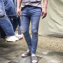 장바9니 305 연청 무릎커팅 데님진 남자 슬림핏 스판 청바지