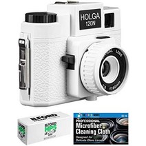 ilford hp5 120 필름 번들 및 극세사 천이 포함된 holga 120n 중형 필름 카메라(검은색), 하얀색