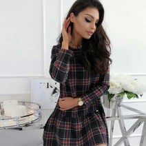 겨울원피스 니트원피스 가을 크리스마스 붉은 격자 무늬 여성 짧은 치마 격자 무늬 긴 소매 o 칼라 느슨한 캐주얼 미니 파티 vestidos