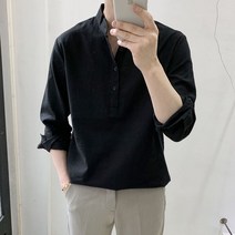 라운지21 루즈핏 반오픈 린넨 헨리넥 셔츠