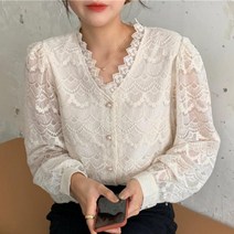 러블리 복고 레이스 브이넥 루즈핏 봄 가을 블라우스 크림색 페미닌 빅사이즈 데일리 코디 30대