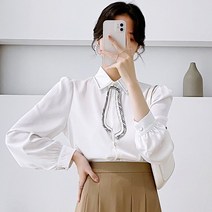 여성블라우스 봄 기본 오피스룩 쉬폰 셔츠 여성 전문 통근 흰색긴팔 루즈핏 퍼프 슬리브 세련된 탑 레이어드