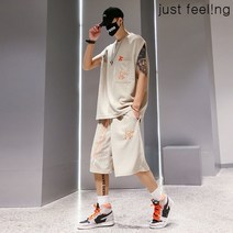JUST FEEL!NG 빅사이즈 남성 여름 루즈핏 민소매 티셔츠 + 반바지 상하의 자수 캐주얼 투피스 세트
