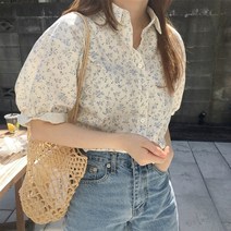 시크하고 스위트한 반팔 셔츠 여성용 꽃무늬 라펠 감소 퍼프 슬리브 상의 여름