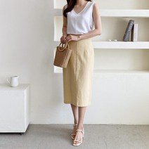여자 여름 마원단 린넨 정장 일자 솔리드 롱스커트