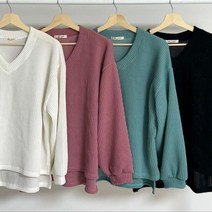 (라인커브)골지 니트 v넥 트임 티 4칼라 백색 검정 핑크 민트 데일리 브이넥 라인커브 민트 가디건 드롭숄더 긴팔 브이넥