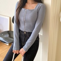 [네쥬] 여성 봄 여름 크롭 스퀘어넥 슬림핏 긴팔 집업 가디건
