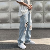 남성 여름 와이드 데님팬츠 데미지 워싱 오버핏 캐주얼 청바지 인어미남 Men