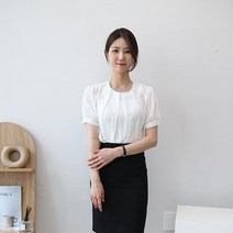 여자면접블라우스 오피스룩 셔링반팔블라우스 면접룩 정장블라우스 여성면접의상 라운드넥쉬폰블라우스