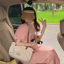 미미앤느 스퀘어넥 연분홍 피치 퍼프 롱원피스 MM3553