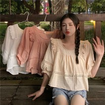 퐁순싸롱 거즈 아사면 칠부 흰색 펀칭 레이스 퍼프 블라우스 YJ