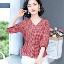 빅사이즈 블라우스 이쁜옷 여성 상의 큰옷 우아하고 세련된 격자 무늬 빈티지 허리 조절 셔츠 여성용 34 소매 슬림 스타일 캐주얼 봄 여름품