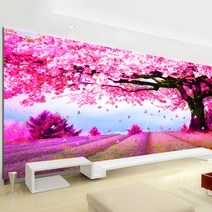HAENGBUK 대형 핑크빛 벚꽃 나무 풍경 대형 보석십자수 집순이 취미 비즈 공예, 하나, 200X95cm