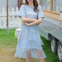 스피소 느리게걷기 여성 반팔 원피스 롱티셔츠 레이스 여름원피스 홈웨어