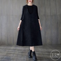 도오빠 여성 롱 원피스 코듀로이 뷔스티에 브이넥 후드 민소매 드레스 골덴 플레어 겨울 여자원피스 프리사이즈