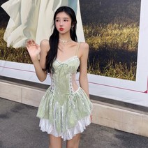 레이스 뷔스티에원피스 순욕풍 고퀄리티 패치워크 끈나시 디자인감각 보이핏 볼륨 허리보정 스윗 숲 4561024004