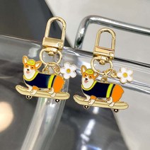 가영 웰시코기 강아지 꽃 키링 2개 키홀더 세트, 보드 타는 웰시 꽃 키링 2개