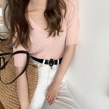 여리핏 니트 브이넥 티셔츠 여자 여름 데일리룩 코디