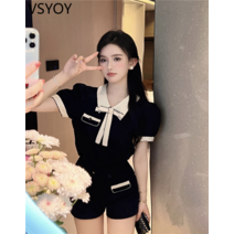vsyoy 정장 활 기질 복고풍 짧은 소매 셔츠 여성 여름 높은 허리 바지 캐주얼 반바지 투피스 세트