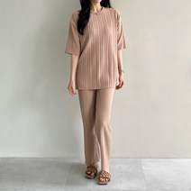 에스미 고급진 주름 플리츠 반팔 라운드넥 밴딩 와이드팬츠 상하의 세트