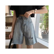 와이케이하우스 데님 반바지 여성 2021 새로운 구멍 봄 높은 허리 스트레이트 느슨한 홍콩 스타일의 바지 조수 바람 다섯 점 바지_68029